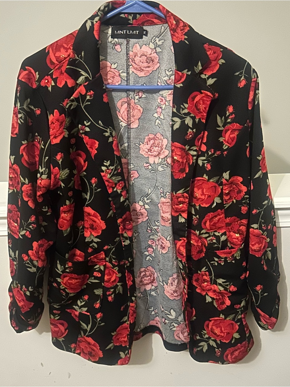 MINT LIMIT Black Rose Floral Open Front Blazer Jacket XL